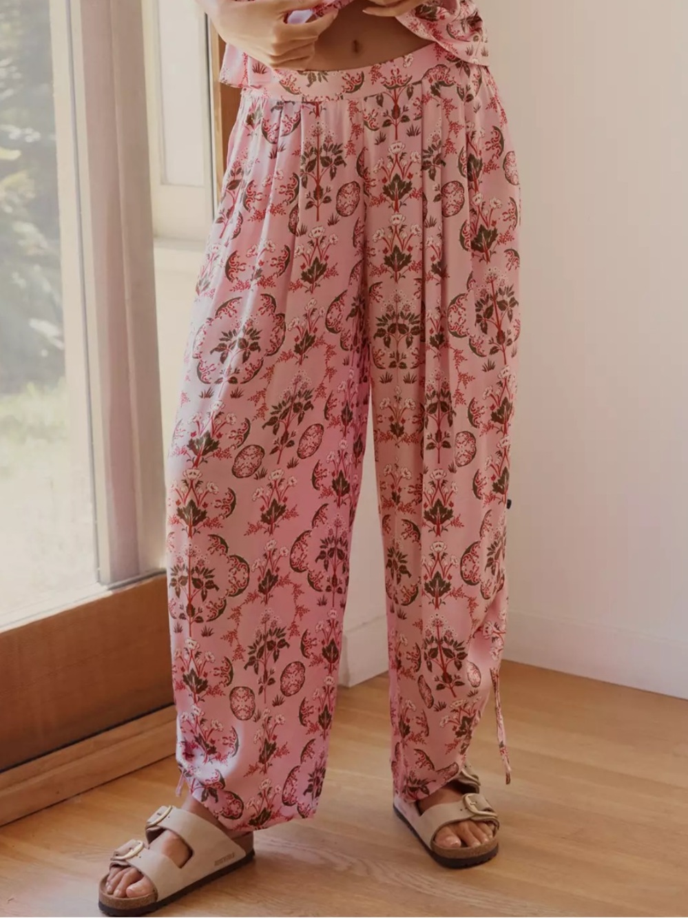 Anthropologie Pink Floral Silky Wide Leg Harem Pants